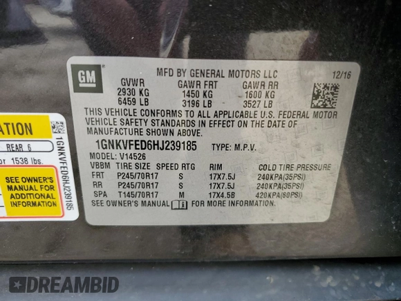 2017 Chevrolet Traverse LS with VIN 1GNKVFED6HJ239185, listed as a Copart auction lot 57571955 with 191,673 mi miles and Clean title. Bid and sale history available at DreamBid. Image 13.