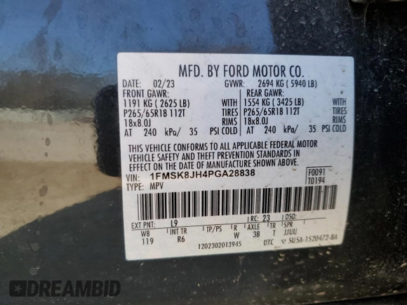 2023 Ford Explorer Timberline with VIN 1FMSK8JH4PGA28838, listed as a Copart auction lot 48324345 with 0 mi miles and Salvage Title. Bid and sale history available at carsss.com. Image 14.