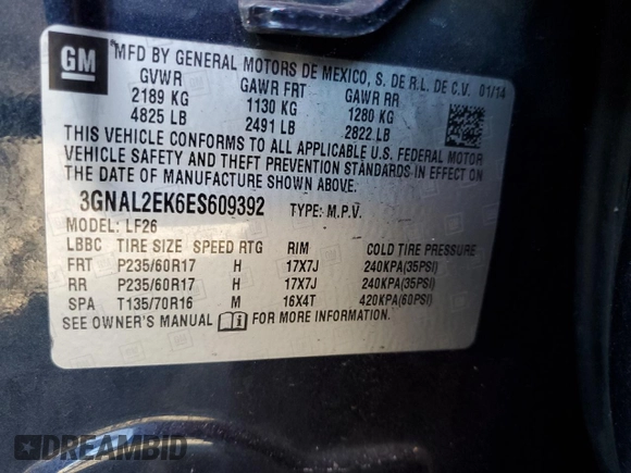 2014 Chevrolet Captiva Sport LS with VIN 3GNAL2EK6ES609392, listed as a Copart auction lot 76577244 with 148,114 mi miles and Salvage Title. Bid and sale history available at DreamBid. Image 14.