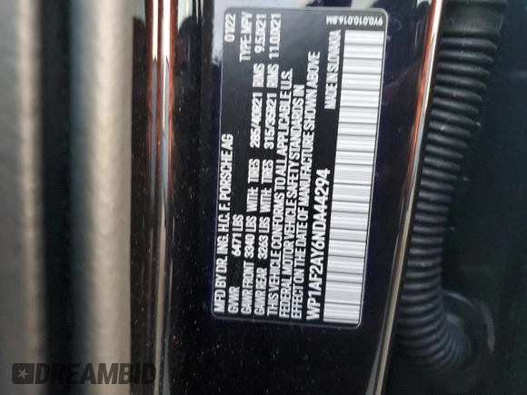 2022 Porsche Cayenne Turbo с VIN WP1AF2AY6NDA44294, выставлен на аукционе Copart как лот 74541834 с пробегом 17 407 миль миль и На запчасти • Non repairable. История ставок и продаж доступна на DreamBid. Изображение 14.