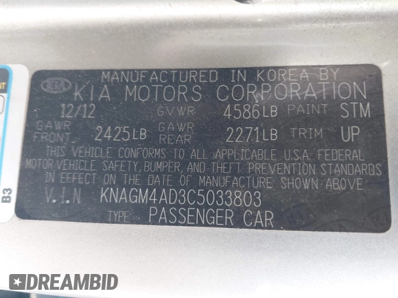 2012 Kia Optima Hybrid with VIN KNAGM4AD3C5033803, listed as a IAAI auction lot 42068386 with 115,442 mi miles. Bid and sale history available at carsss.com. Image 9.