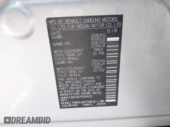 2020 Nissan Rogue SV with VIN KNMAT2MT4LP535422, listed as a IAAI auction lot 41068927 with 190,525 mi miles and . Bid and sale history available at DreamBid. Image 9.
