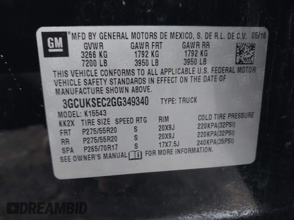 2016 Chevrolet Silverado 1500 LTZ with VIN 3GCUKSEC2GG349340, listed as a IAAI auction lot 41722693 with 122,321 mi miles and . Bid and sale history available at DreamBid. Image 9.