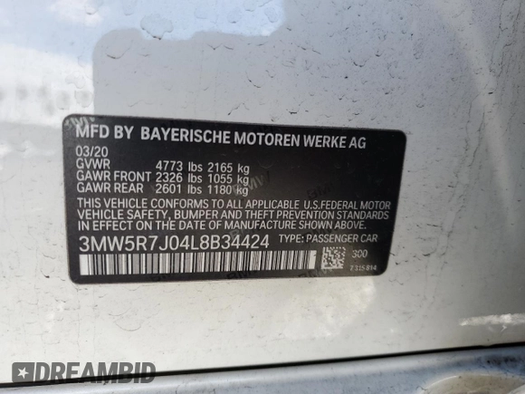2020 BMW 3 Series 330i xDrive with VIN 3MW5R7J04L8B34424, listed as a Copart auction lot 70308312 with 29,731 mi miles and . Bid and sale history available at DreamBid. Image 12.