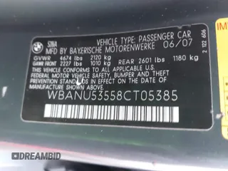 2008 BMW 5 Series 528i with VIN WBANU53558CT05385, listed as a IAAI auction lot 41732605 with 158,632 mi miles and . Bid and sale history available at DreamBid. Image 9.