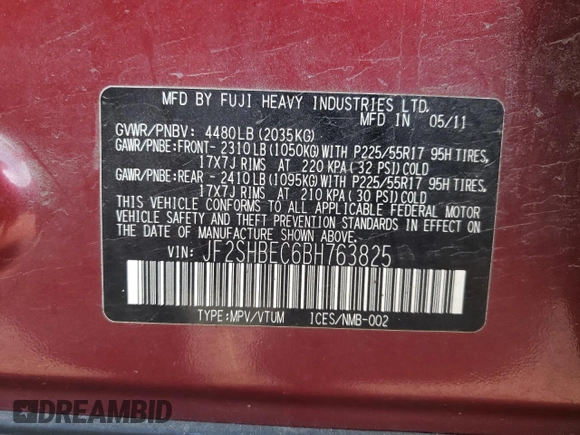 2011 Subaru Forester X Limited with VIN JF2SHBEC6BH763825, listed as a Copart auction lot 55096445 with 147,938 mi miles and Salvage title. Bid and sale history available at DreamBid. Image 13.