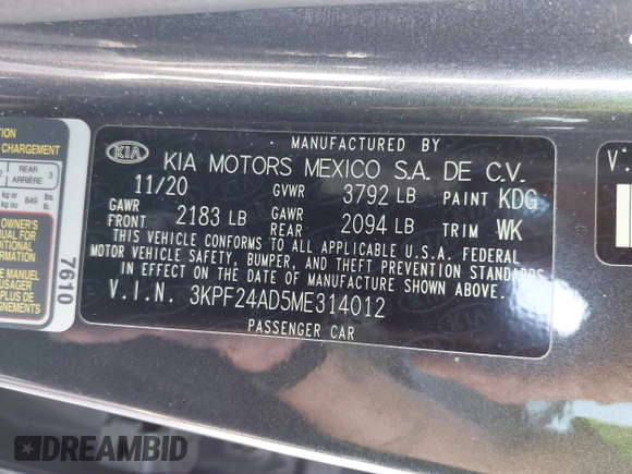 2021 Kia Forte LXS with VIN 3KPF24AD5ME314012, listed as a IAAI auction lot 41481115 with 113,897 mi miles and . Bid and sale history available at carsss.com. Image 9.