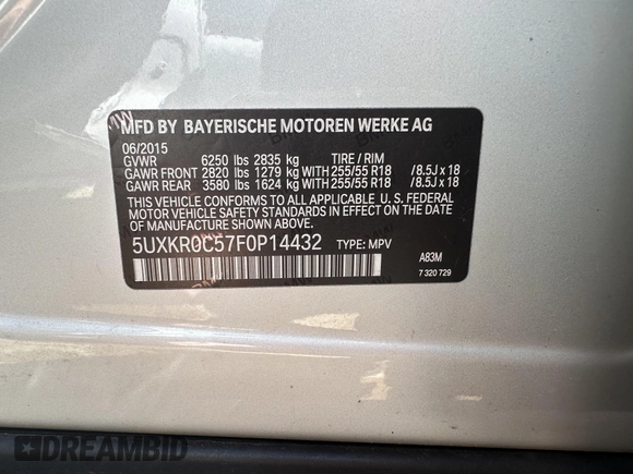 2015 BMW X5 xDrive35i with VIN 5UXKR0C57F0P14432, listed as a IAAI auction lot 42076389 with 119,109 mi miles. Bid and sale history available at carsss.com. Image 8.