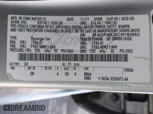 2012 Ford Fiesta SE with VIN 3FADP4BJ2CM150953, listed as a IAAI auction lot 42010904 with 77,637 mi miles. Bid and sale history available at carsss.com. Image 9.