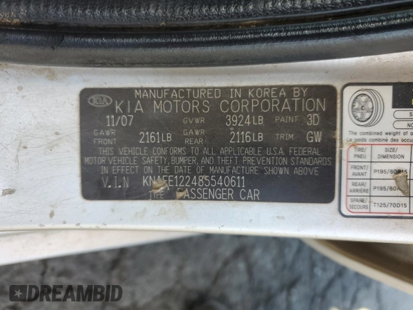 2008 Kia Spectra EX with VIN KNAFE122485540611, listed as a Copart auction lot 56258515 with 197,475 mi miles and Salvage title. Bid and sale history available at DreamBid. Image 12.