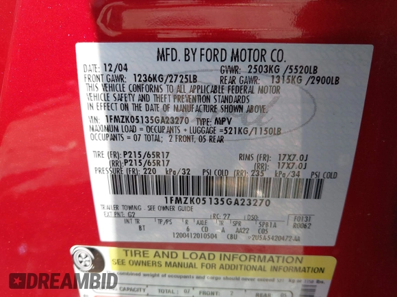 2005 Ford Freestyle SEL с VIN 1FMZK05135GA23270, выставлен на аукционе IAAI как лот 42388384 с пробегом 91 559 миль миль и . История ставок и продаж доступна на DreamBid. Изображение 9.