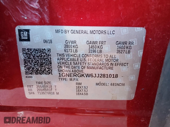 2018 Chevrolet Traverse LT Cloth z VIN 1GNERGKW6JJ281018, wystawiony jako Copart lot #55261455 z przebiegiem 111 630 mil mil oraz Nie do naprawy • Non repairable. Historia ofert i sprzedaży dostępna na DreamBid. Obrazek 13.