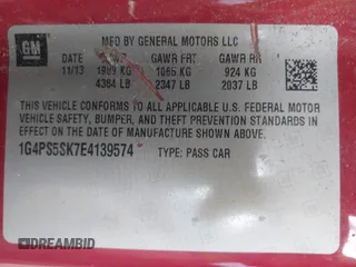 2014 Buick Verano Group with VIN 1G4PS5SK7E4139574, listed as a IAAI auction lot 42145603 with 124,133 mi miles and . Bid and sale history available at DreamBid. Image 9.
