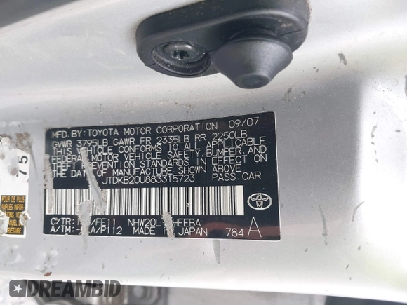 2008 Toyota Prius with VIN JTDKB20U883315723, listed as a IAAI auction lot 42521199 with 268,240 mi miles and . Bid and sale history available at DreamBid. Image 9.