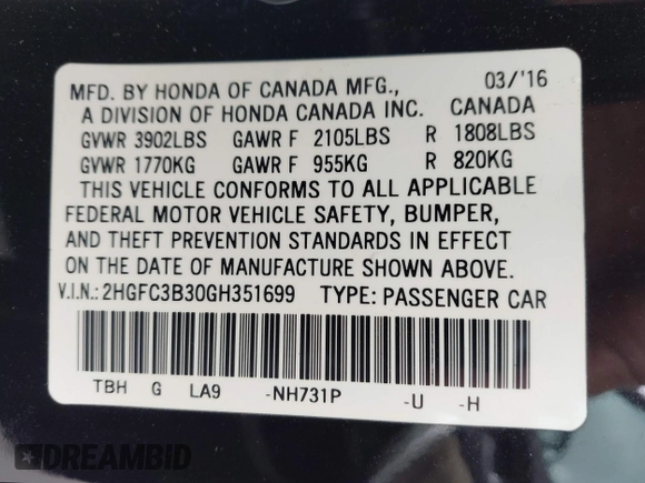 2016 Honda Civic EX-T with VIN 2HGFC3B30GH351699, listed as a IAAI auction lot 42063109 with 101,477 mi miles and . Bid and sale history available at DreamBid. Image 9.