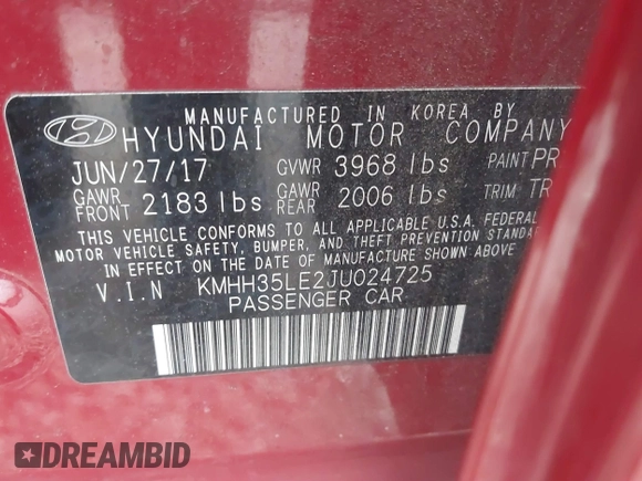 2018 Hyundai Elantra with VIN KMHH35LE2JU024725, listed as a IAAI auction lot 41195915 with 90,862 mi miles and . Bid and sale history available at DreamBid. Image 9.