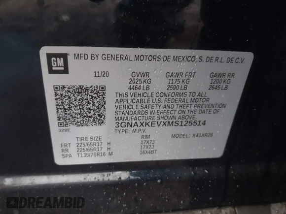 2021 Chevrolet Equinox LT with VIN 3GNAXKEVXMS125514, listed as a IAAI auction lot 41898827 with 38,621 mi miles. Bid and sale history available at carsss.com. Image 9.