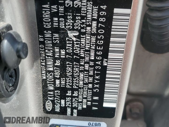 2014 Kia Sorento LX with VIN 5XYKT3A66EG507894, listed as a Copart auction lot 54624194 with 177,869 mi miles and Salvage Title. Bid and sale history available at DreamBid. Image 13.