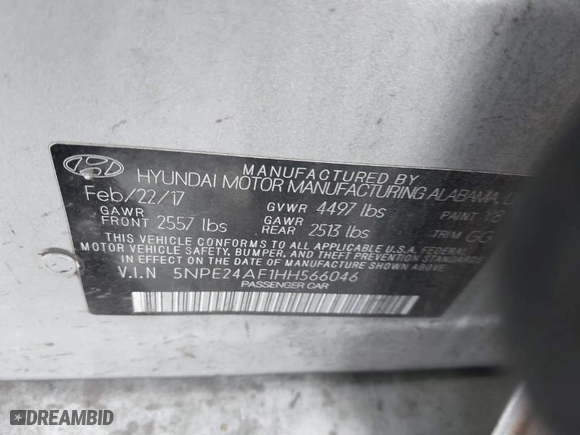 2017 Hyundai Sonata SE with VIN 5NPE24AF1HH566046, listed as a IAAI auction lot 41244847 with 1 mi miles. Bid and sale history available at carsss.com. Image 9.