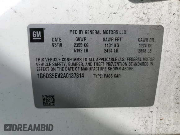 2010 Cadillac CTS Premium with VIN 1G6DS5EV2A0137314, listed as a Copart auction lot 53671965 with Not provided miles and Salvage title. Bid and sale history available at DreamBid. Image 13.