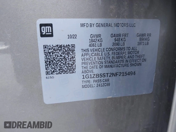 2022 Chevrolet Malibu LS with VIN 1G1ZB5ST2NF215494, listed as a IAAI auction lot 41844792 with 41,489 mi miles and . Bid and sale history available at DreamBid. Image 9.