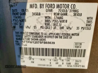 2005 Ford F-150 XLT with VIN 1FTPW12575FB65639, listed as a Copart auction lot 49744715 with 55,125 mi miles and Clean Title. Bid and sale history available at carsss.com. Image 13.