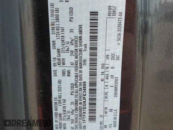 2018 Ford F-150 XL z VIN 1FTFX1EG9JFE34899, wystawiony jako Copart lot #60716205 z przebiegiem 71 187 mil mil oraz Szkoda całkowita • Salvage title. Historia ofert i sprzedaży dostępna na DreamBid. Obrazek 12.