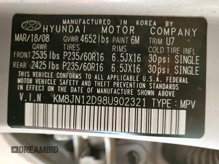 2008 Hyundai Tucson SE with VIN KM8JN12D98U902321, listed as a Copart auction lot 49511935 with 221,831 mi miles and Clean Title. Bid and sale history available at carsss.com. Image 12.