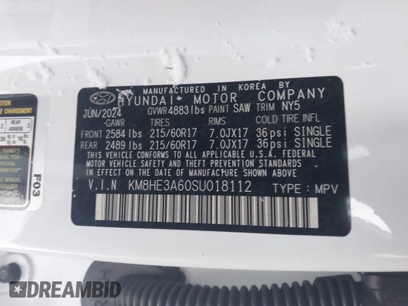 2025 Hyundai Kona Limited with VIN KM8HE3A60SU018112, listed as a IAAI auction lot 41165981 with 4,321 mi miles and . Bid and sale history available at DreamBid. Image 9.