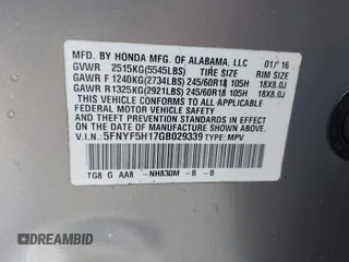 2016 Honda Pilot LX with VIN 5FNYF5H17GB029339, listed as a IAAI auction lot 41837038 with Not Provided miles and . Bid and sale history available at DreamBid. Image 9.