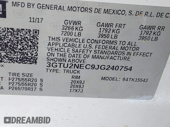 2018 GMC Sierra 1500 SLT z VIN 3GTU2NEC9JG240754, wystawiony jako IAAI lot #41890229 z przebiegiem 183 966 mil mil oraz . Historia ofert i sprzedaży dostępna na DreamBid. Obrazek 9.