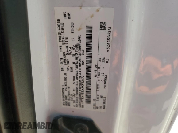 2018 Ford F-150 XL z VIN 1FTEX1EBXJKF62172, wystawiony jako Copart lot #61038035 z przebiegiem 153 069 mil mil oraz Czysty tytuł • Clean title. Historia ofert i sprzedaży dostępna na DreamBid. Obrazek 12.