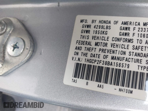 2011 Honda Accord LX with VIN 1HGCP2F38BA156579, listed as a IAAI auction lot 42622629 with 136,835 mi miles and . Bid and sale history available at DreamBid. Image 9.