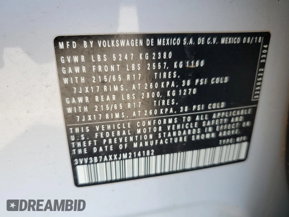 2018 Volkswagen Tiguan SEL z VIN 3VV3B7AXXJM214182, wystawiony jako Copart lot #53783515 z przebiegiem 117 466 mil mil oraz Szkoda całkowita • Salvage title. Historia ofert i sprzedaży dostępna na DreamBid. Obrazek 13.