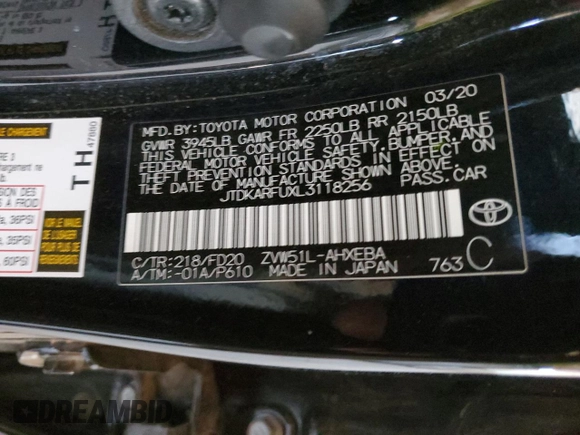 2020 Toyota Prius L Eco with VIN JTDKARFUXL3118256, listed as a Copart auction lot 50433035 with 69,431 mi miles and Salvage Title. Bid and sale history available at DreamBid. Image 14.