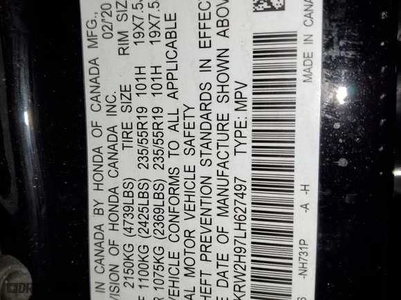 2020 Honda CR-V Touring with VIN 2HKRW2H97LH627497, listed as a Copart auction lot 88074445 with 75,142 mi miles and Salvage Title. Bid and sale history available at carsss.com. Image 13.