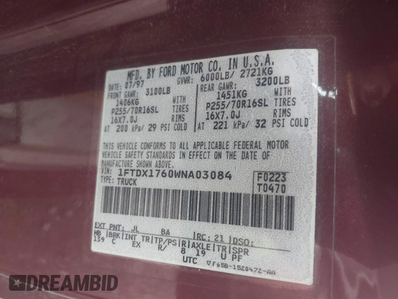 1998 Ford F-150 with VIN 1FTDX1760WNA03084, listed as a IAAI auction lot 42509039 with 149,482 mi miles and . Bid and sale history available at DreamBid. Image 9.