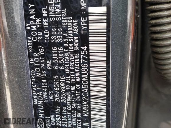 2022 Hyundai Kona SE with VIN KM8K2CAB0NU867754, listed as a Copart auction lot 65731174 with 20,499 mi miles and Salvage Title. Bid and sale history available at carsss.com. Image 12.
