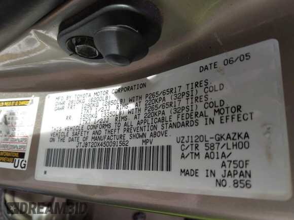 2005 Lexus GX 470 with VIN JTJBT20X450091562, listed as a IAAI auction lot 41771447 with 192,037 mi miles and . Bid and sale history available at carsss.com. Image 9.