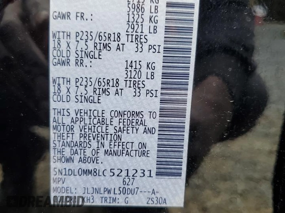 2020 Infiniti QX60 Luxe with VIN 5N1DL0MM8LC521231, listed as a Copart auction lot 52599415 with 101,375 mi miles and Salvage Title. Bid and sale history available at DreamBid. Image 15.