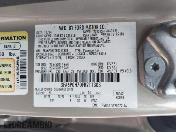 2015 Ford Fusion SE with VIN 3FA6P0H70FR211303, listed as a IAAI auction lot 41879349 with 104,896 mi miles. Bid and sale history available at carsss.com. Image 9.