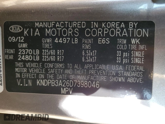 2013 Kia Sportage LX with VIN KNDPB3A26D7398046, listed as a Copart auction lot 57997085 with 152,640 mi miles and Clean title. Bid and sale history available at DreamBid. Image 12.