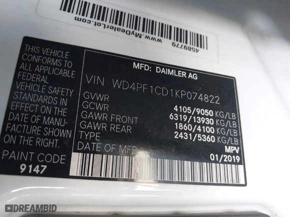 2019 Mercedes-Benz Sprinter Cargo Van with VIN WD4PF1CD1KP074822, listed as a IAAI auction lot 40303744 with 1 mi miles. Bid and sale history available at carsss.com. Image 9.