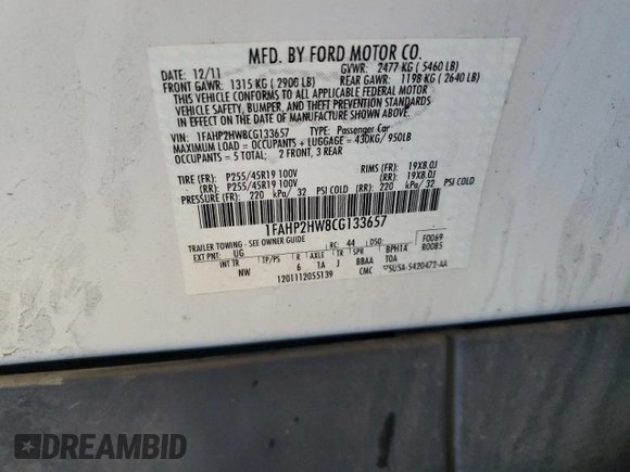 2012 Ford Taurus SEL z VIN 1FAHP2HW8CG133657, wystawiony jako Copart lot #52865895 z przebiegiem 132 876 mil mil oraz Szkoda całkowita • Salvage title. Historia ofert i sprzedaży dostępna na DreamBid. Obrazek 14.