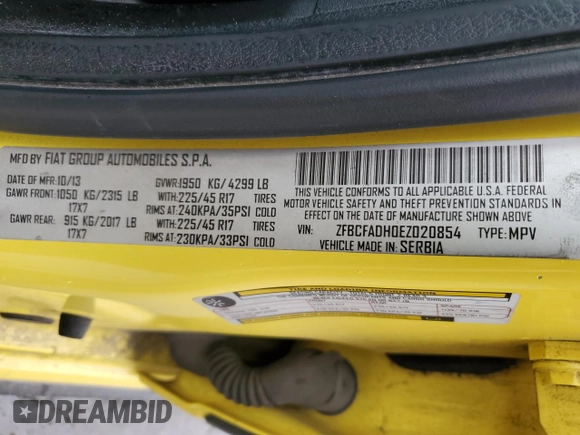 2014 FIAT 500L Trekking z VIN ZFBCFADH0EZ020854, wystawiony jako Copart lot #52363925 z przebiegiem 108 021 mil mil oraz Szkoda całkowita • Salvage title. Historia ofert i sprzedaży dostępna na DreamBid. Obrazek 15.