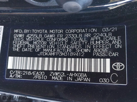 2021 Toyota Prius Prime LE with VIN JTDKAMFP3M3189412, listed as a IAAI auction lot 41319157 with 40,522 mi miles. Bid and sale history available at carsss.com. Image 9.