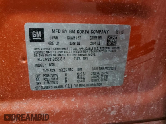 2016 Chevrolet Trax LT with VIN KL7CJPSB1GB533312, listed as a Copart auction lot 46728415 with 165,036 mi miles and Non Repairable. Bid and sale history available at carsss.com. Image 15.