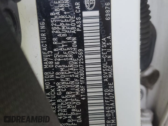 2013 Toyota Camry L with VIN 4T1BF1FK8DU725569, listed as a Copart auction lot 45014945 with 194,514 mi miles and Salvage Title. Bid and sale history available at DreamBid. Image 14.