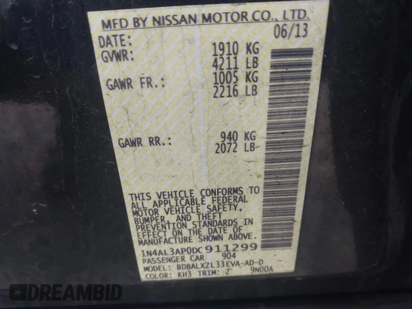 2013 Nissan Altima S with VIN 1N4AL3AP0DC911299, listed as a IAAI auction lot 41961452 with 209,601 mi miles and . Bid and sale history available at DreamBid. Image 9.