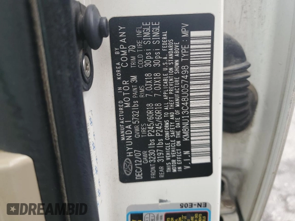 2008 Hyundai Veracruz GLS z VIN KM8NU13C48U057498, wystawiony jako Copart lot #55570925 z przebiegiem 159 080 mil mil oraz Szkoda całkowita • Salvage title. Historia ofert i sprzedaży dostępna na DreamBid. Obrazek 13.
